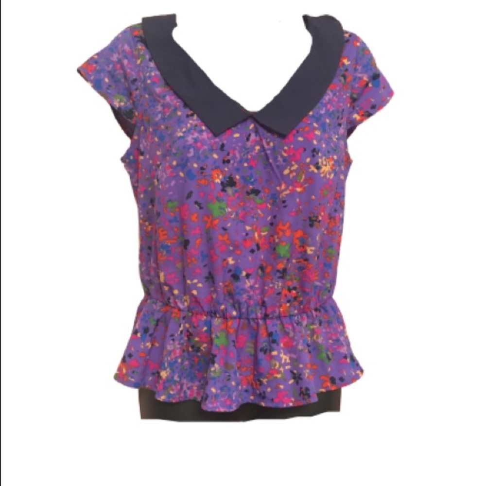 Jessica Simpson Y2K collared colorful paint splattered purple blouse